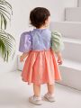 SHEIN Infant Girls' Color Block Casual Bubble Sleeve Dress With Letter Graphic And Frilled Hemline