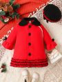 Baby Girl Contrast Collar Flounce Sleeve Ruffle Hem Overcoat & Hat