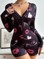 Heart Lips Printed Long Sleeve Romper