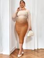 SHEIN Privé Plus Size Women'S Ombre Pleated Long Sleeve Dress