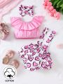 SHEIN 3pcs Baby Girls' Casual Heart Pattern Printed Overalls, Ruffled Top And Bow Headband, Suitable For Spring Or Summer Outing