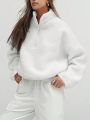 Women's Solid Color Half Zipper Plush Sweater With Dropped Shoulder