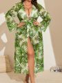 SHEIN Swim Vcay Women'S Plus Size Tropical Print Loose Kimono Cardigan With Open Front