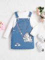 SHEIN Little Girls' New Casual Loose Comfortable Denim Overall Dress In Blue With Cute Unicorn Print