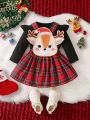 Baby Girl Christmas Elk Print Ruffle Trim Tartan Print Ruffle Trim 2 In 1 Dress