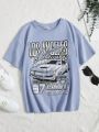 SHEIN Kids HYPEME Tween Girls' Knitted Loose Fit Round Neck Car Printed Short Sleeve T-Shirt