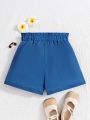 SHEIN Kids CHARMNG Tween Girls' Fashionable Casual Denim Shorts With Paper Bag Waist And Bow Decoration