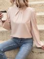 Women's Solid Color Pearl Beaded Lantern Sleeve Shirt
