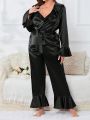 Women's Plus Size Black Satin Pajama Set With Lace Trimmed Neckline