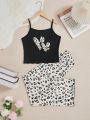 SHEIN Teen Girls' Leopard Print Heart Patterned Camisole & Long Pants Homewear