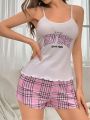 Letter Printed Cami Top & Plaid Pajama Set