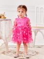 SHEIN Baby Girl 1pc Mom And Me Cute And Sweet Rose Red Stitching Three-Dimensional Flower Mesh Long-Sleeved Dress