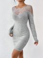 SHEIN Privé Color-block Lace Panel Long Sleeve Sweater Dress