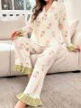 Floral Print Ruffle Trim PJ Set