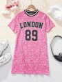 SHEIN Kids HYPEME Tween Girls' Athletic Letter Printed Knitted Short Sleeve Loose Fit T-Shirt Dress