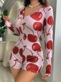 Women's Cherry Printed Button-up Pajama Romper