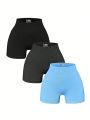 3pcs Solid Color Wide Waistband Athletic Shorts
