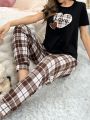 Heart Print Short Sleeve T-Shirt And Plaid Pants Homewear