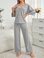 Women'S Notched Collar Knit Stripe Pajama Set