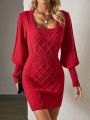 SHEIN Privé Solid Color Knitted Sweater Dress With Twist Pattern, Square Neckline And Lantern Sleeves