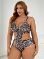 SHEIN Swim SXY Plus Size Women's One-Piece Swimsuit With Spots Print And Hollow Out Design