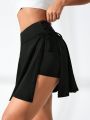 Solid Color Drawstring High Waist Athletic Skirt