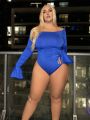 SHEIN SXY Plus Size Solid Color One Shoulder Flare Sleeve Jumpsuit