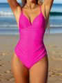 SHEIN Swim Chicsea Solid Color Backless One-piece Swimsuit With Spaghetti Straps