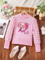 Girls' Elegant Bubble Sleeve Knitted T-shirt With Cute Pattern, Easy-to-match