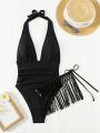 SHEIN Swim Vcay Women'S Halter Neck Ruffle One Piece Swimsuit, 2pcs/Set