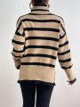 SHEIN Essnce Striped Pattern Turtleneck Drop Shoulder Split Hem Sweater