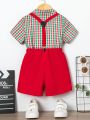 SHEIN Kids FANZEY Young Boy'S Pocket Front Plaid Short Sleeve Shirt And Suspender Shorts Gentleman Outfit Set