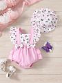 Baby Girls' Cute Heart Patterned Sleeveless Bodysuit With Strap For Summer