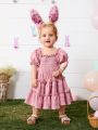 SHEIN Baby Girls' Ruffle Edge Frock With Puff Sleeves And Decorative Border