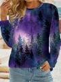 Round Neck Plus Size Forest Starry Sky Colorful Print Long Sleeve T-Shirt