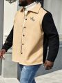 Extended Sizes Plus Size Men's Woolen Jacket With Letter Print And Color Block Design