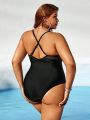 SHEIN Swim BAE Plus Size Women's Mesh Splice Cross Back One Piece Swimsuit