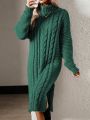 SHEIN LUNE High Neck Drop Shoulder Split Hem Cable Knit Sweater Dress