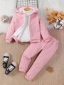 2pcs/Set Toddler Girls' Pink Knitted Jacket With Hooded Top And Casual Pants, Spring & Autumn Outfits