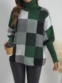 EMERY ROSE Women's Turtleneck Plaid Batwing Sleeve Sweater