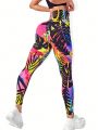 Tropical Print Wideband Waist Sports Leggings