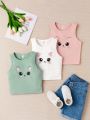 SHEIN Kids KDOMO Girls' Round Neck Cat Pattern Casual Vest, 3pc Pack
