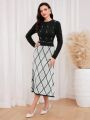 SHEIN Modely Geo Pattern Pearls and Rhinestone Beaded Sweater Dress