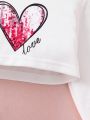 SHEIN Kids CHARMNG Young Girl Love Heart Glittery Printed Hoodie & Cami Dress Two Piece Set