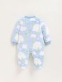 SHEIN Newborn Baby Girl Star Pattern Collarless Plus Velvet Medium-thick Long-sleeved Foot-covered Jumpsuit