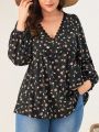 SHEIN VCAY Plus Size Lantern Sleeve Shirt With Small Floral Print