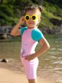 Young Girl Rainbow Unicorn Printed One-Piece Swimsuit With Hood