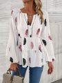 SHEIN Essnce Feather Print Notched Neckline Lantern Sleeve Peplum Blouse