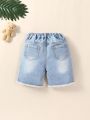 Toddler Boys' Vintage Street Style Washed Ripped Cute Bear Printed Frayed Hem Denim Shorts In Light Blue