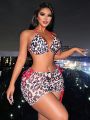 SHEIN Swim BAE 3pcs Leopard Print Halter Neck Bikini Set With Side Tie Triangle Top And Swim Shorts/skirt Bottom